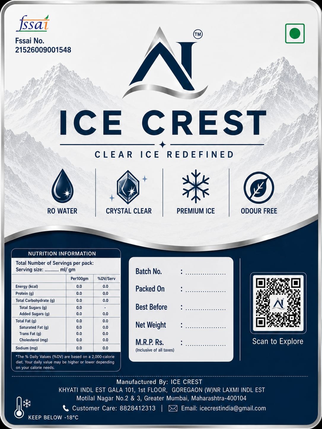 Ice Crest label and nutrition document
